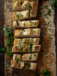 木桌上的新鲜法棍面包切成片艺术面包香草法棍面包