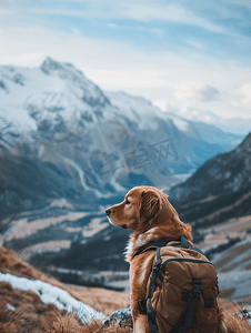 露营装备摄影照片_狗在山上徒步旅行