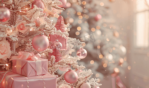 首页装修新年摄影照片_新年树装饰着粉红色的玩具圣诞背景房间内部有礼物