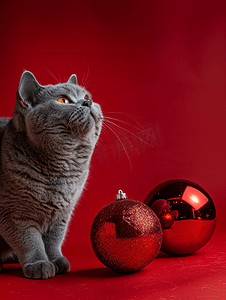 英国短毛猫在红色背景中仰望两个大圣诞球