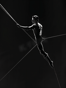 性别平衡摄影照片_马戏团平衡钢丝艺术家孤立在黑色
