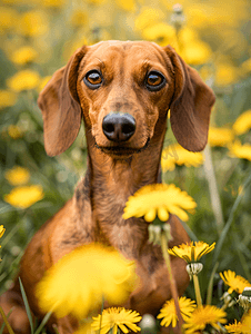 蒲公英田里的一只可爱腊肠犬的画像