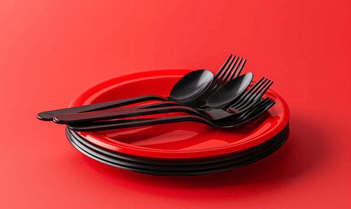 红色背景中的圆盘和一叠塑料叉子和勺子