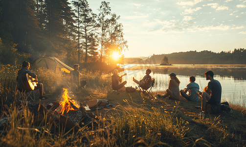 快乐的朋友露营派对演奏音乐在大自然和湖泊中享受篝火