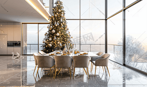 客厅的圣诞装饰配有大窗户餐桌和圣诞树