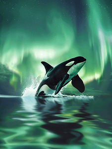 北欧极光摄影照片_北极光背景下的虎鲸