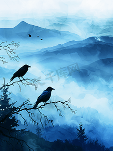 蓝山天空中两只乌鸦的轮廓
