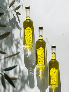 一套躺在侧面的瓶子里上面有白色的橄榄油