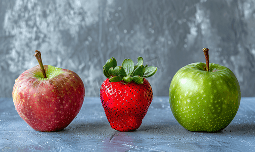 灰色混凝土背景中三个丑陋的水果草莓猕猴桃和苹果