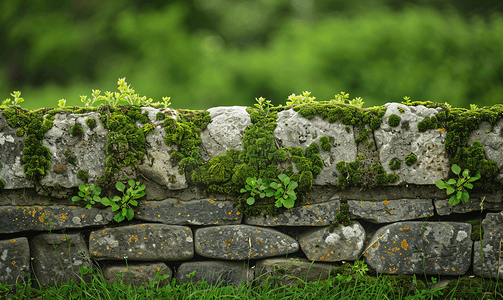 长满绿色青苔的旧石栅栏