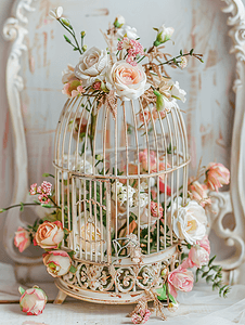 复古婚礼装饰鸟笼与鲜花