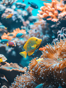 水族馆中色彩斑斓的小鱼明亮的珊瑚礁水下生活