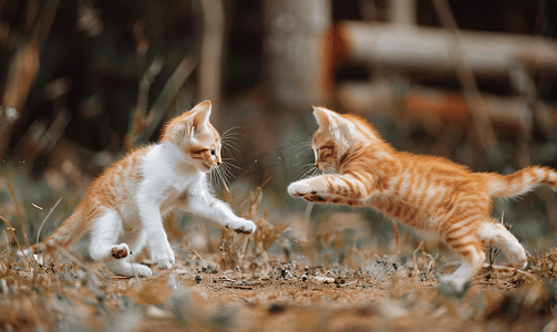 和动物玩耍摄影照片_白色和橙色小猫两只不同的猫在户外玩耍和跑步
