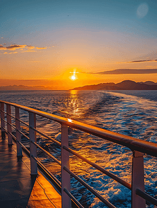 海上太阳摄影照片_从挪威附近的一艘游轮上拍摄的海上日落图像