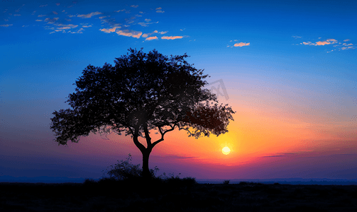日落时分的大树和风景剪影