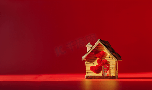 红色背景上带有红心的小玩具屋爱家庭的概念