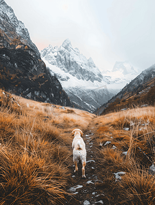 狗在山上徒步旅行