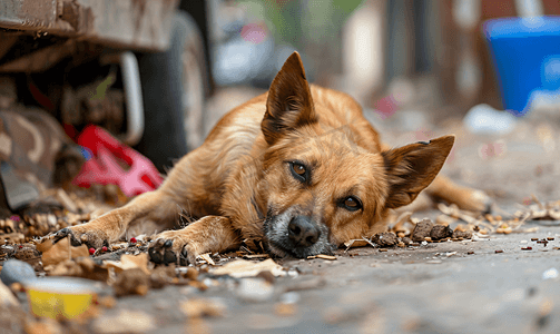 无家可归的狗宠物休息动物躺在垃圾上