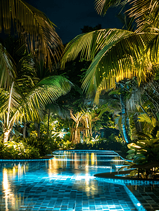 棕榈树热带花园夜间照明游泳池的印象