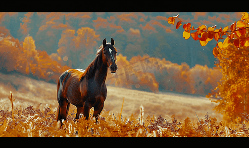 牧场上的马和背景中的秋季景观