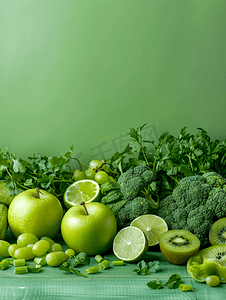 营养表成分表摄影照片_木柜台上的新鲜绿色水果和蔬菜