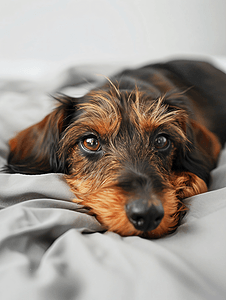 小刚毛腊肠犬小狗躺在床上狗的肖像