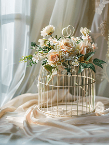 复古假期摄影照片_复古婚礼装饰鸟笼与鲜花