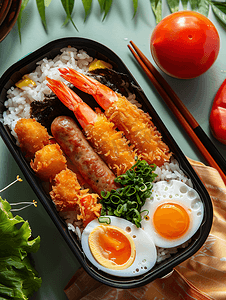 传统日式花朵图案摄影照片_日式便当盒内含香肠蛋和天妇罗虾
