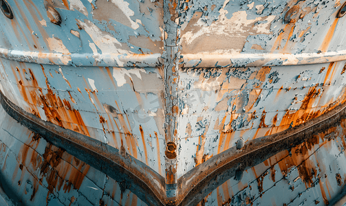 带有腐蚀盐和剥漆痕迹的抽象游艇船体表面