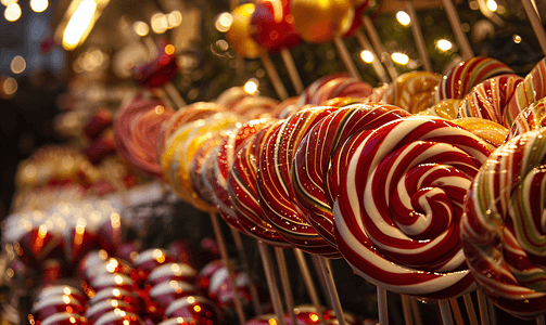市场摊位上有很多圣诞棒棒糖