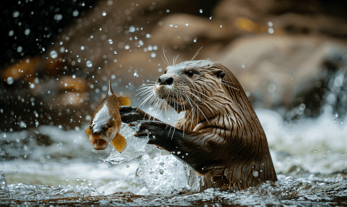 水獭在河里抓鱼