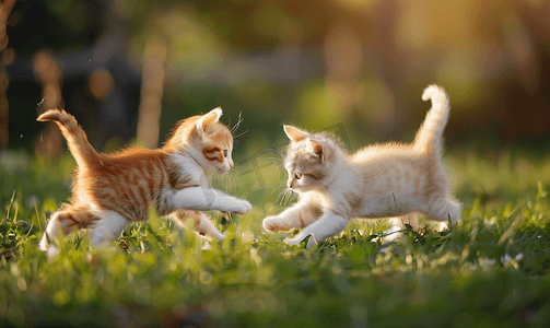 绿色草地首页摄影照片_白色和橙色小猫两只不同的猫在户外玩耍和跑步