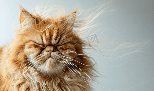 因为您谢谢您摄影照片_毛茸茸的红猫眯着眼睛因为风吹在它的脸上