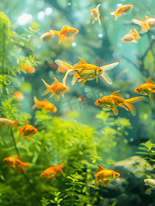 淡水水族馆中的金鱼有绿色美丽的热带植物