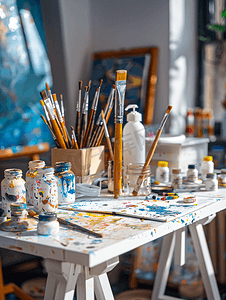 艺术家工作室里有工具和油漆的小桌子