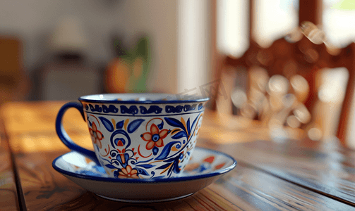 墨西哥蓝白杯壶配黑咖啡木桌