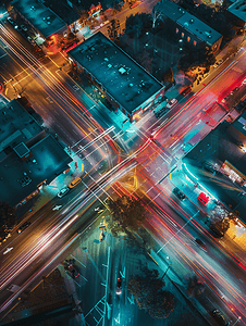 夜间交通灯火通明的街道交叉口的垂直无人机拍摄