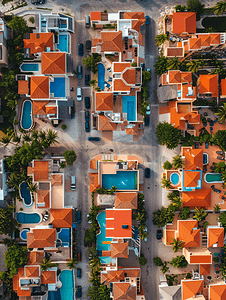 俯瞰田野摄影照片_从上往下俯瞰墨西哥坎昆的房屋和住宅区