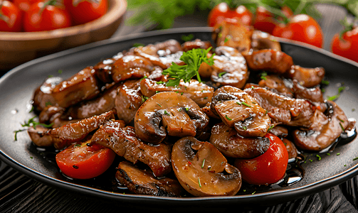 卡通吃东西的猪摄影照片_蚝油炒蘑菇番茄烤猪肉健康食品
