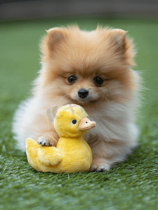 博美犬小狗在人造草坪上玩毛绒玩具鸭子