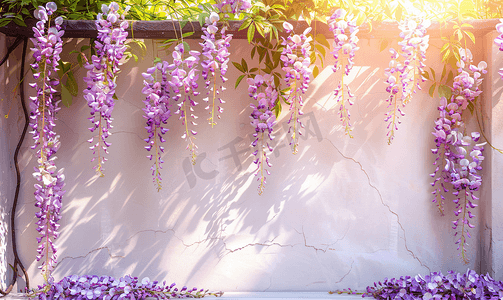 房屋墙壁背景上开花的紫藤植物天然家居装饰鲜花