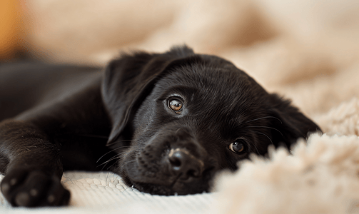米色背景中一只黑色拉布拉多猎犬小狗的画像