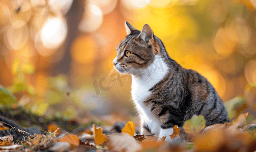 虎斑猫咬灰白猫秋天色彩缤纷