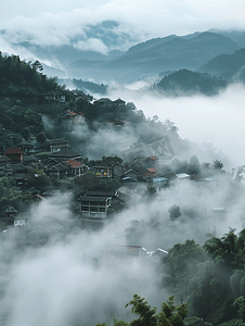 雾气弥漫的山村