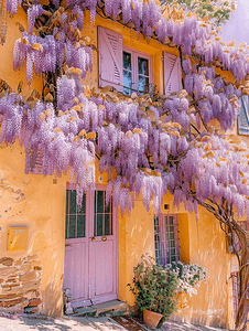 阳光明媚的日子里盛开的紫藤树覆盖着一座房子