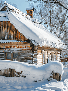 冬天村里的房子老房子屋顶上有很多雪