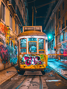 葡萄牙里斯本老式著名的比卡电车夜间涂鸦