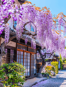 阳光明媚的日子里盛开的紫藤树覆盖着一座房子