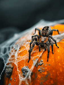 蜘蛛的特写镜头坐在南瓜上覆盖着网恐怖的万圣节背景