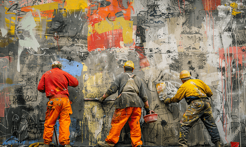 素描粉刷匠摄影照片_工人粉刷墙壁鞭笞工人橙色服装涂抹涂鸦